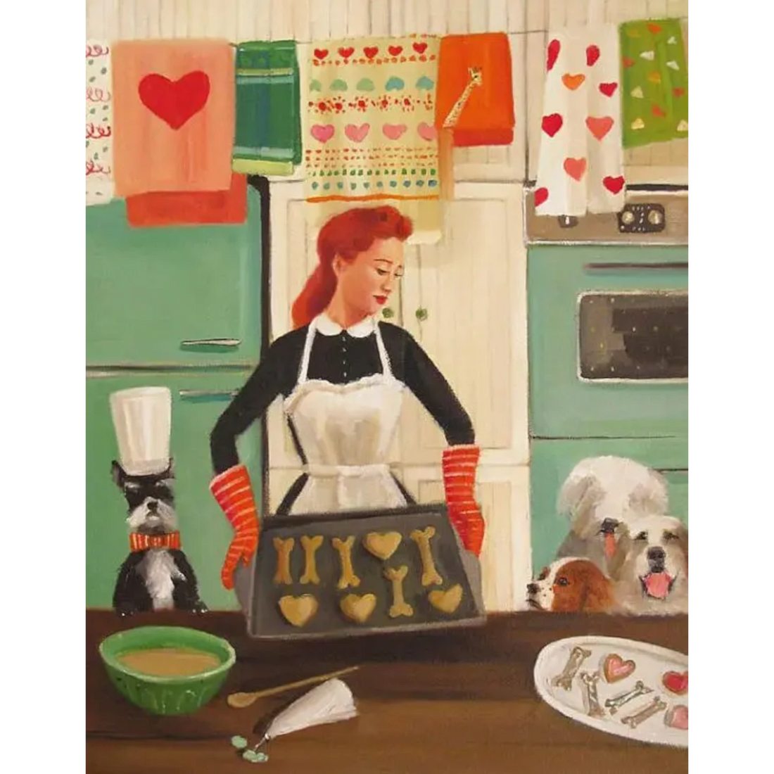 A painting by Janet Hill of a woman taking baked goods out of the oven, with three eager dogs watching featuring a Miss Moon Lesson Fifteen Small Art Print.