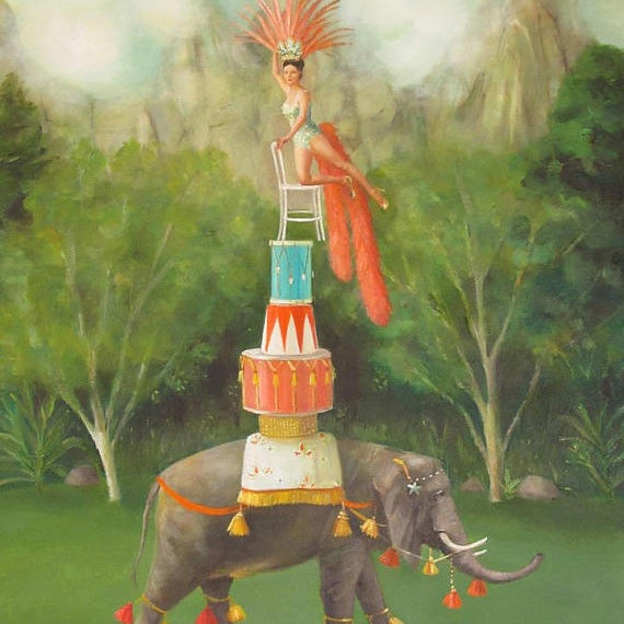 A Canadian fine artist renders The Infallible Tippy Gordon Small Art Print by Janet Hill, featuring a performer who sits atop a stack of chairs balanced on a decorated elephant in a lush green landscape, using heavyweight matte fine art paper and Epson Ultrachrome archival inks.