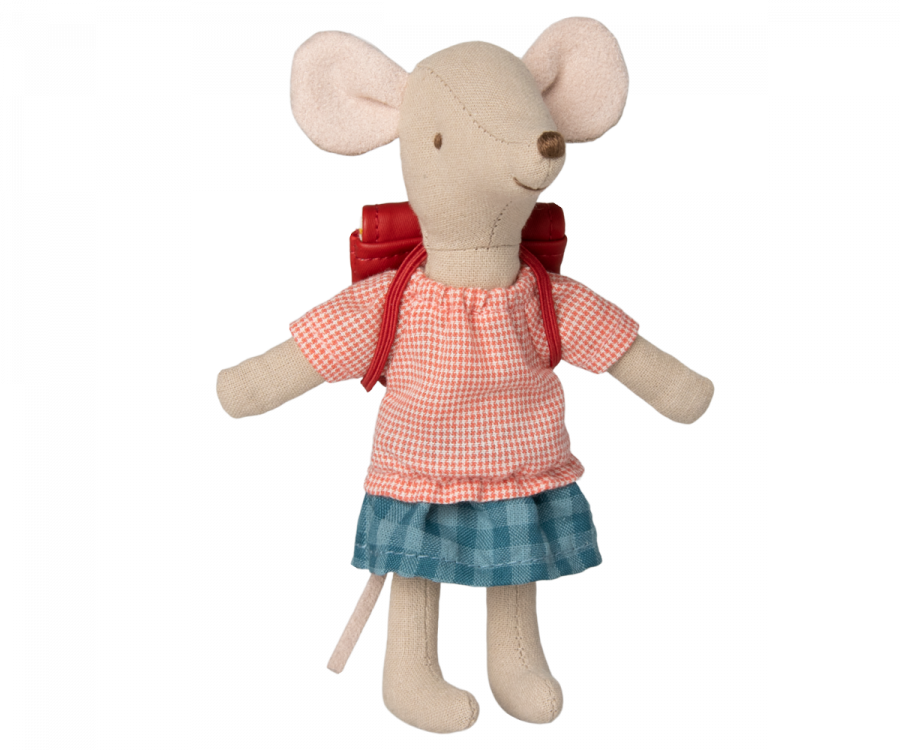 A Tricycle Mouse, Big Sister with Bag wearing a kindergarten dress by Maileg.