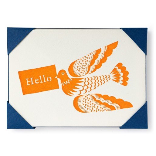 A greeting card designed by Archivist Gallery, featuring an orange dove and the word &quot;hello,&quot; from the Ariana Hello Bird Set of 5 Cards.