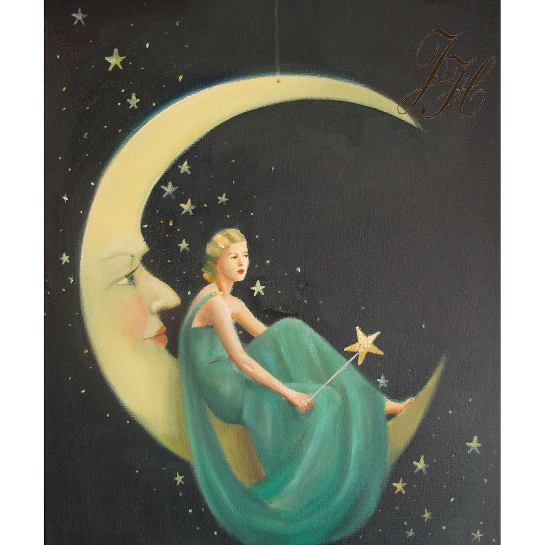 A painting by Janet Hill of a woman sitting on the moon featuring the Phoebe Small Art Print.