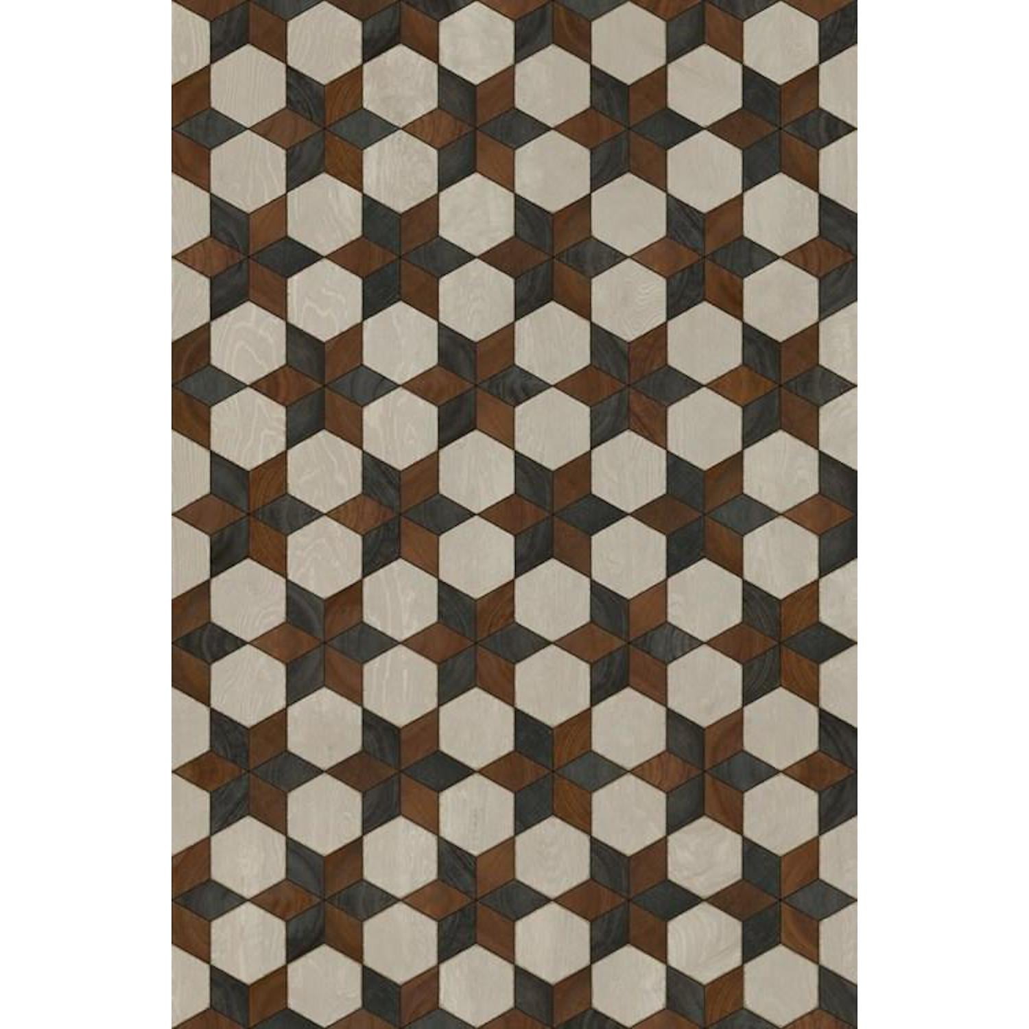 3d cube optical illusion pattern in brown and beige tones on a nonslip vintage linoleum vinyl floor cloth. --> 3d cube optical illusion pattern in brown and beige tones on a nonslip Artisanry Illuminated Radio Star Vinyl Rug by Spicher and Company.