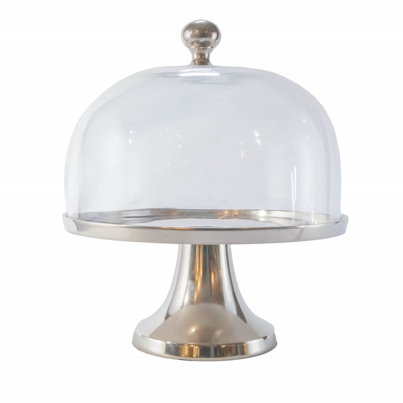 Aluminum serving stand with glass dome on white background