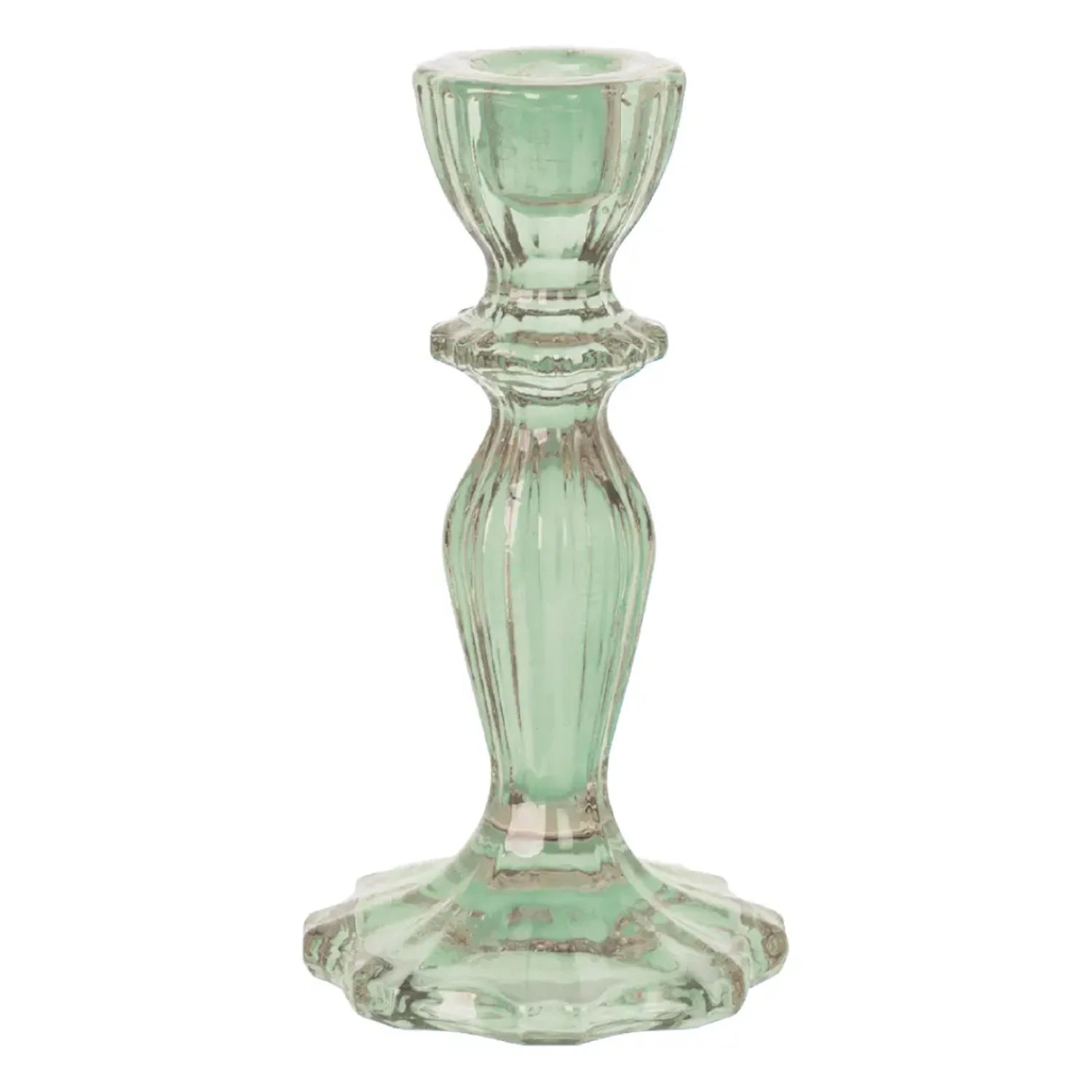 Green pressed glass taper candle holder.