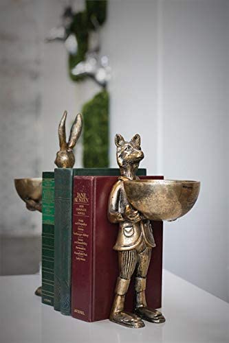 A statue of Eloise the fox used as a bookend, with a brass-gold finish.