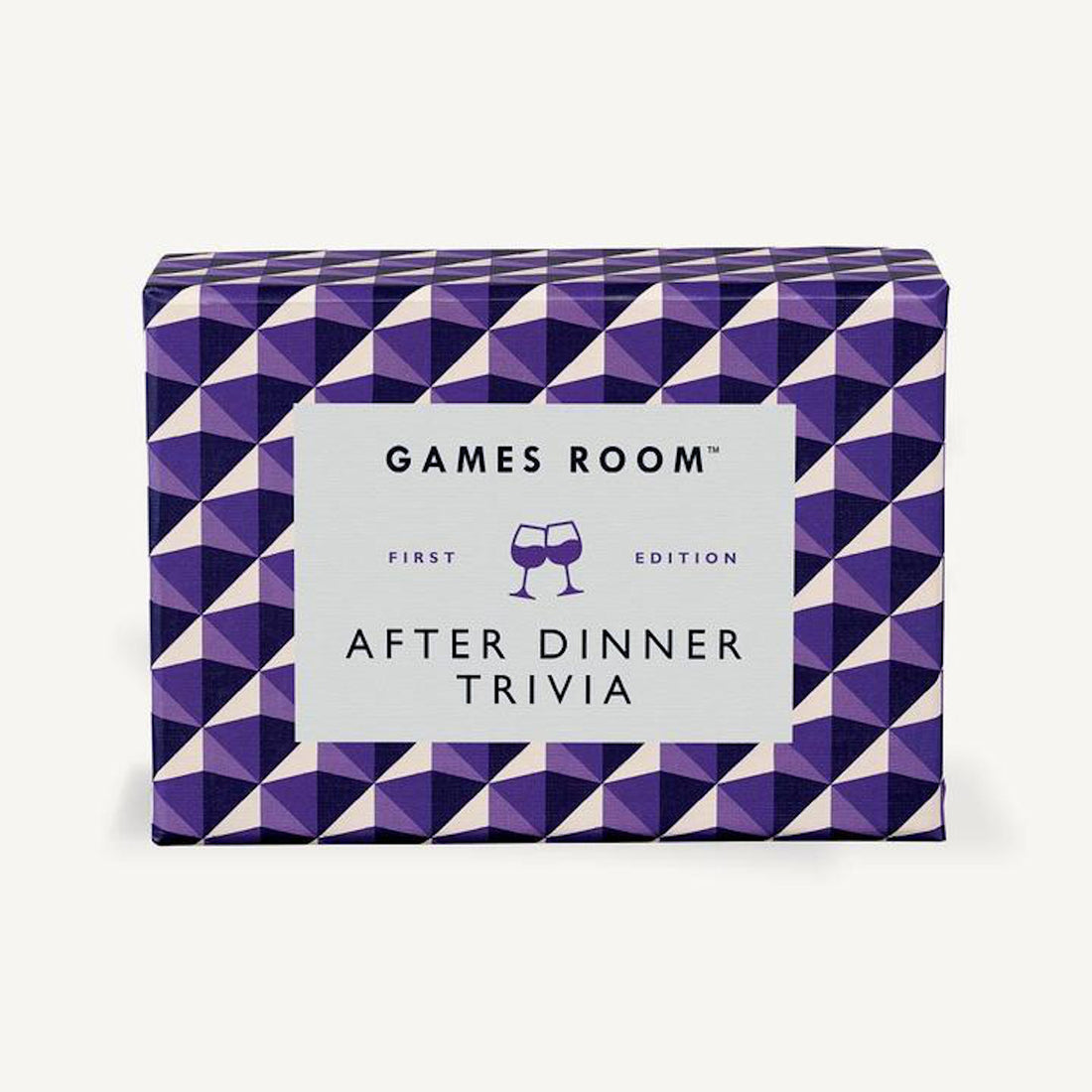 A box of Chronicle Books After Dinner Trivia with a purple and white geometric design.