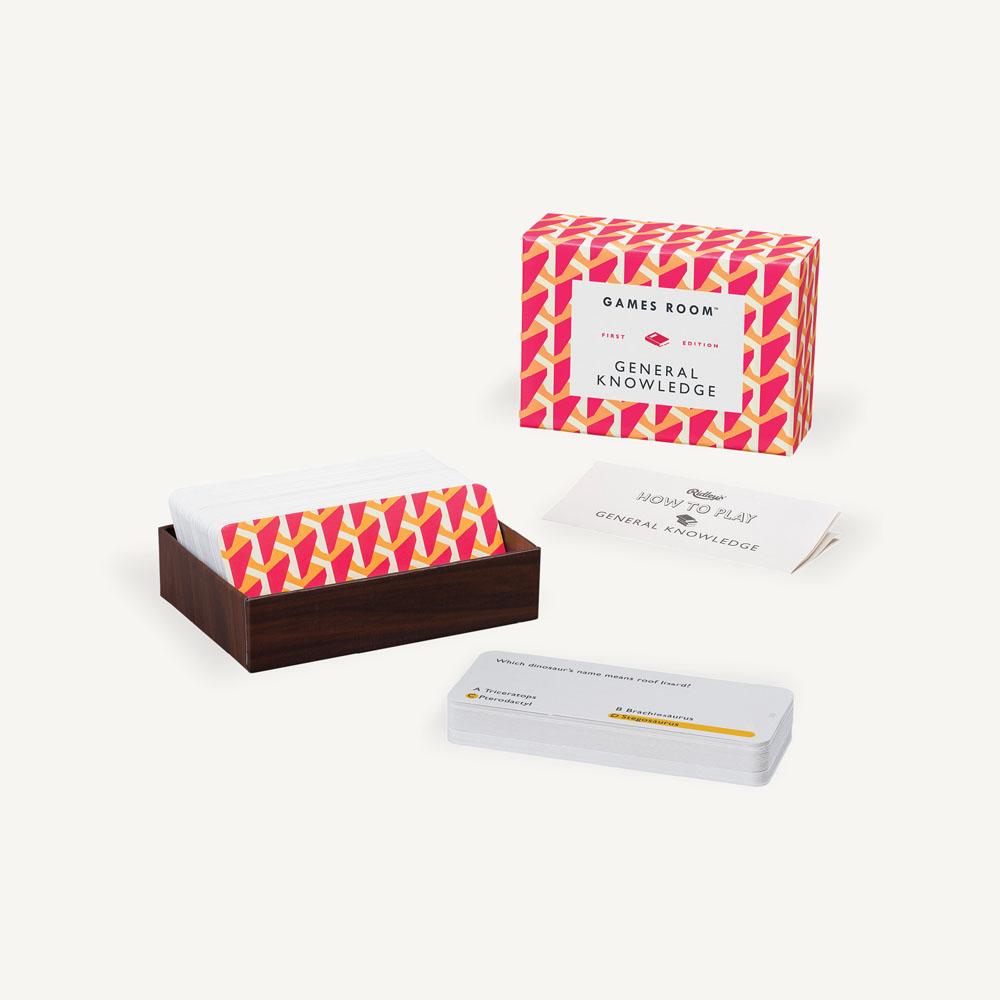 A set of General Knowledge Quiz business cards in a wooden box by Chronicle Books.