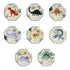 Nine Dinosaur Kingdom Side Plates by Meri Meri, each featuring an octagonal illustration of a different dinosaur with its name labeled, displayed in a grid format for a dinosaur party.
