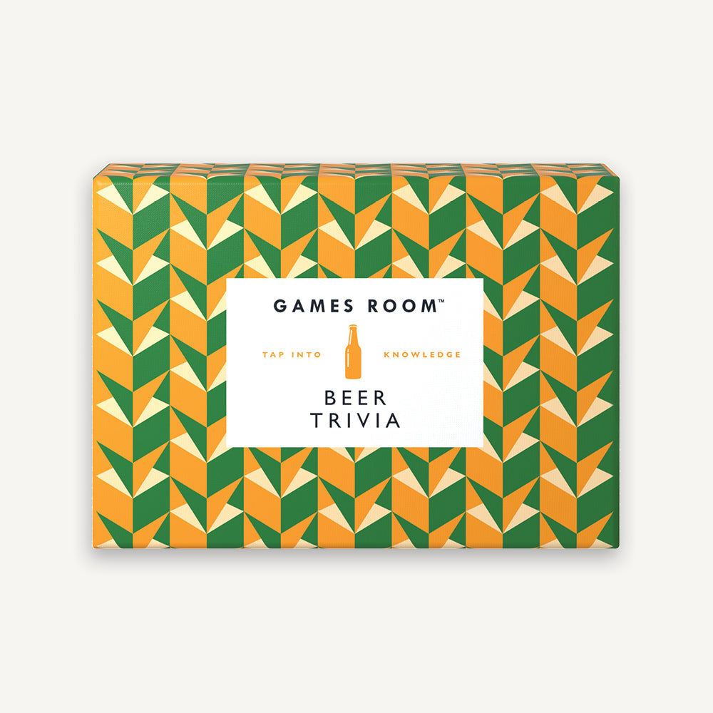 A boxed Chronicle Books beer trivia drinking game with a colorful geometric pattern design.