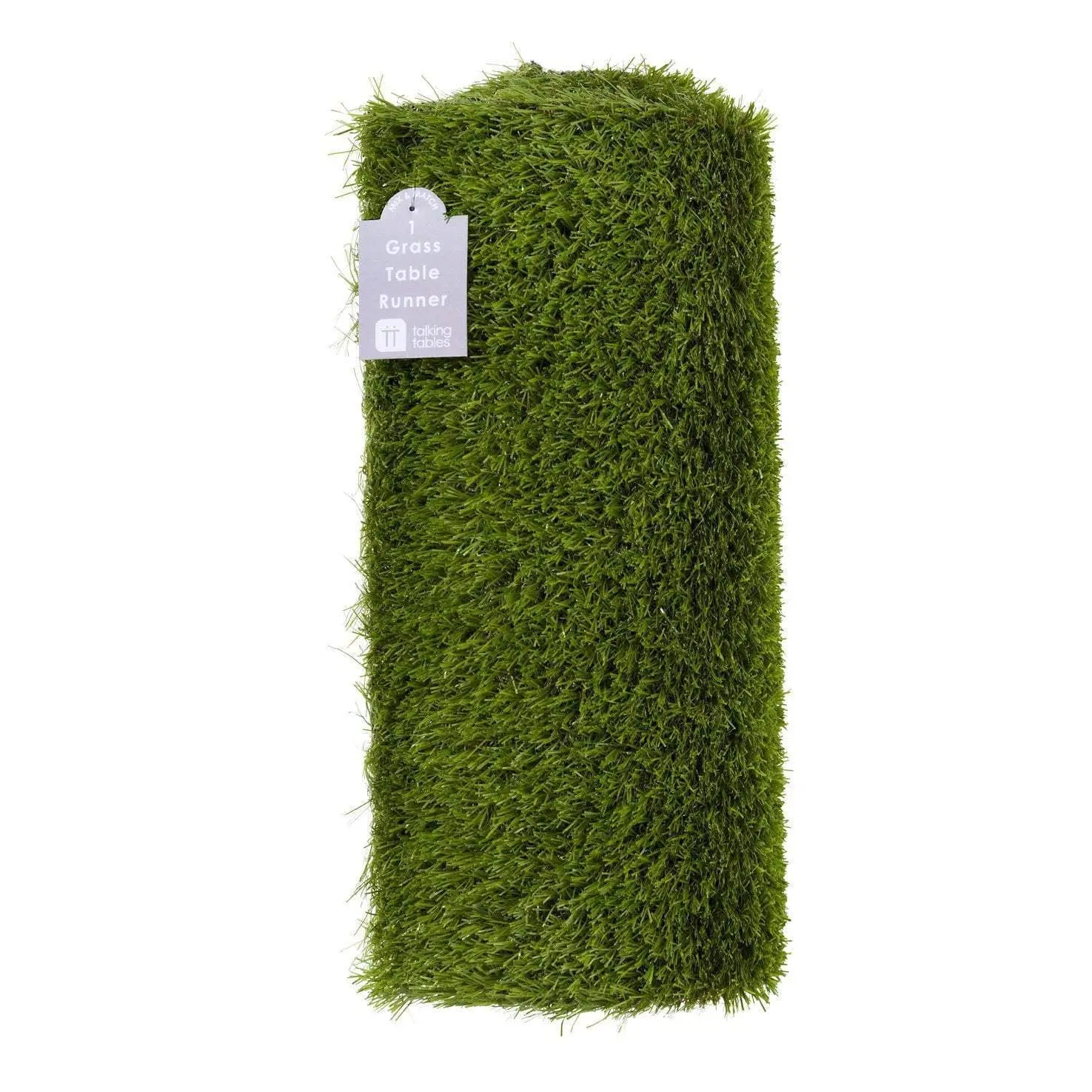 A roll of Talking Tables Artificial Grass Table Runner, resembling artificial grass, on a white background.