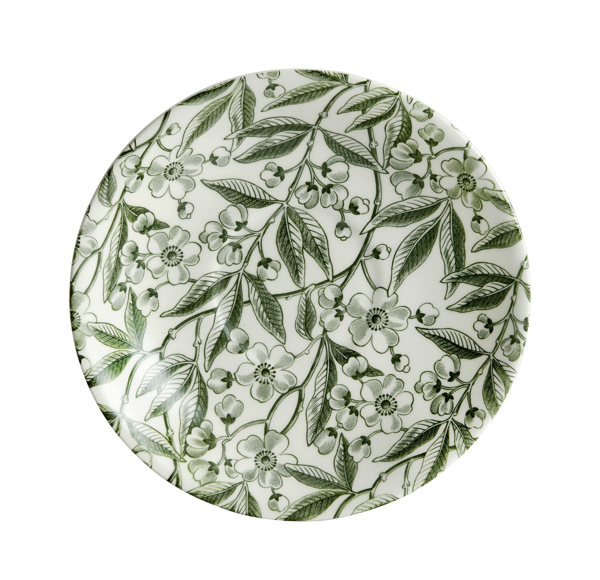 Burleigh Green Prunus saucer featuring a green leaf and flower illustrated pattern, on a white background.