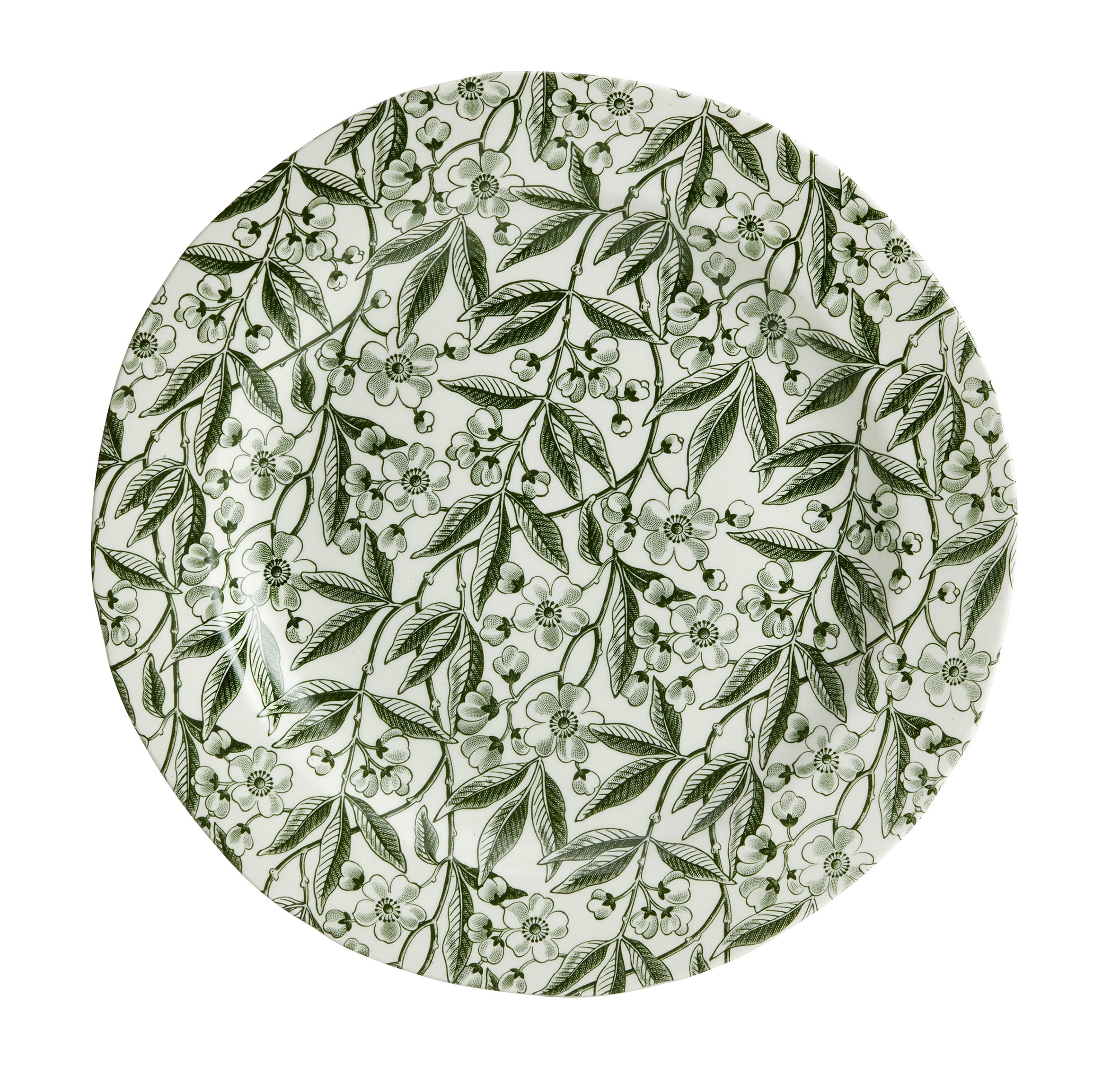 Burleigh Green Prunus dinner plate featuring a green leaf and flower illustrated pattern, on a white background.