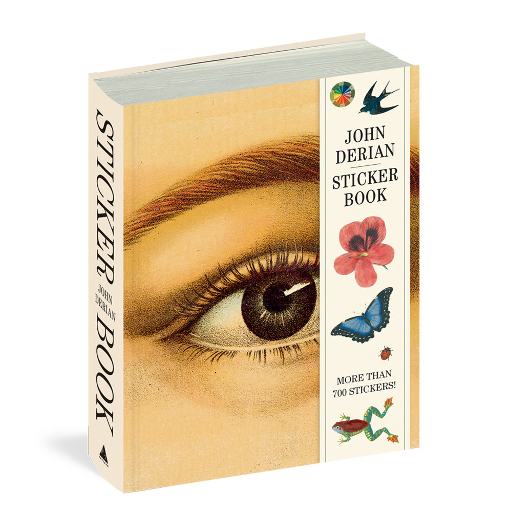 John Derian: Sticker Book with a prominent eye illustration on the cover, featuring a collection of over 700 stickers, including blooming flowers and animals.