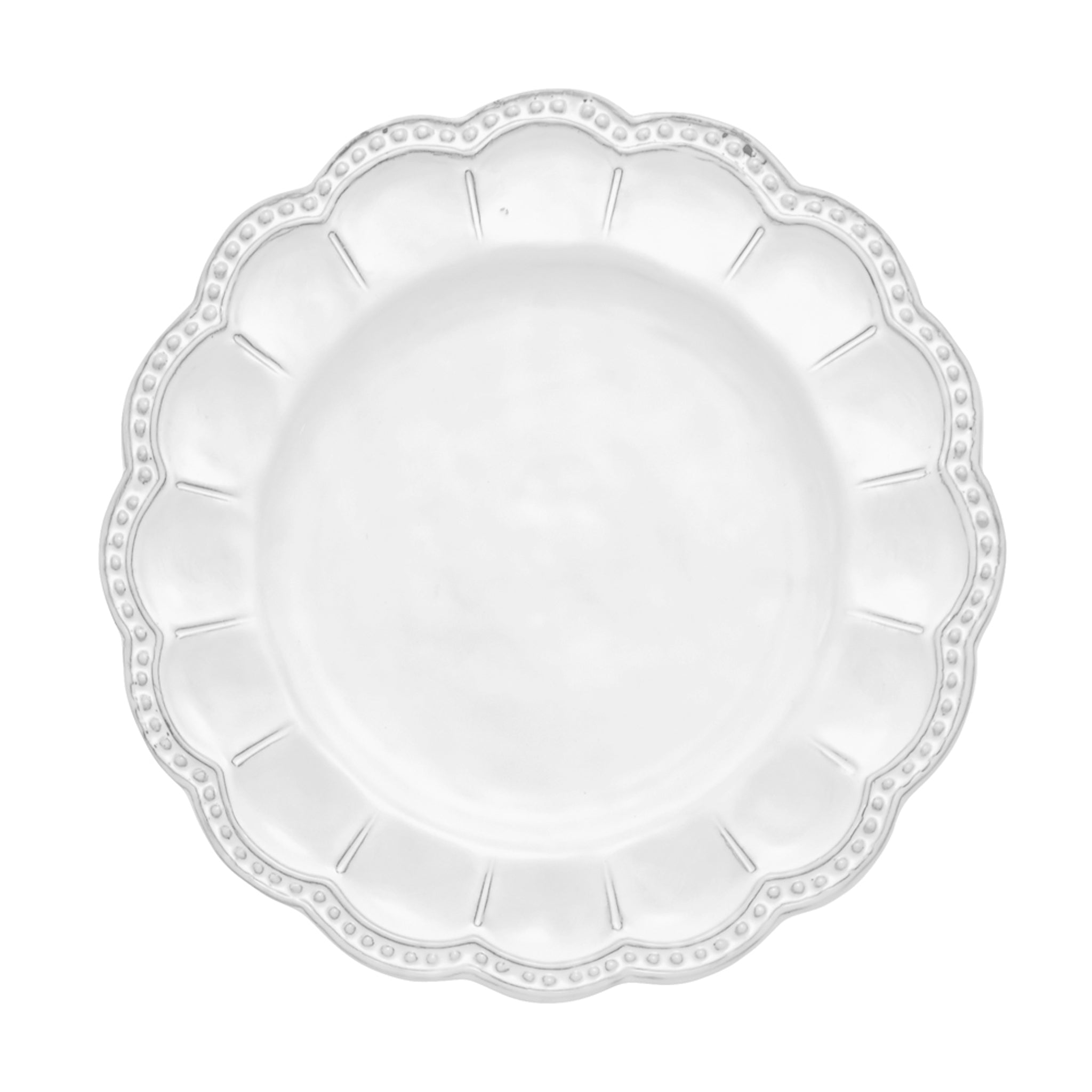 An empty white Arte Italica Bella Bianca Beaded Salad Plate viewed from above.