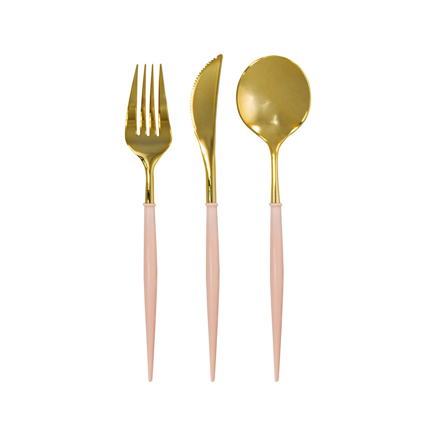 Three Sophistiplate Blush/Gold Cutlery Sets on a white background.