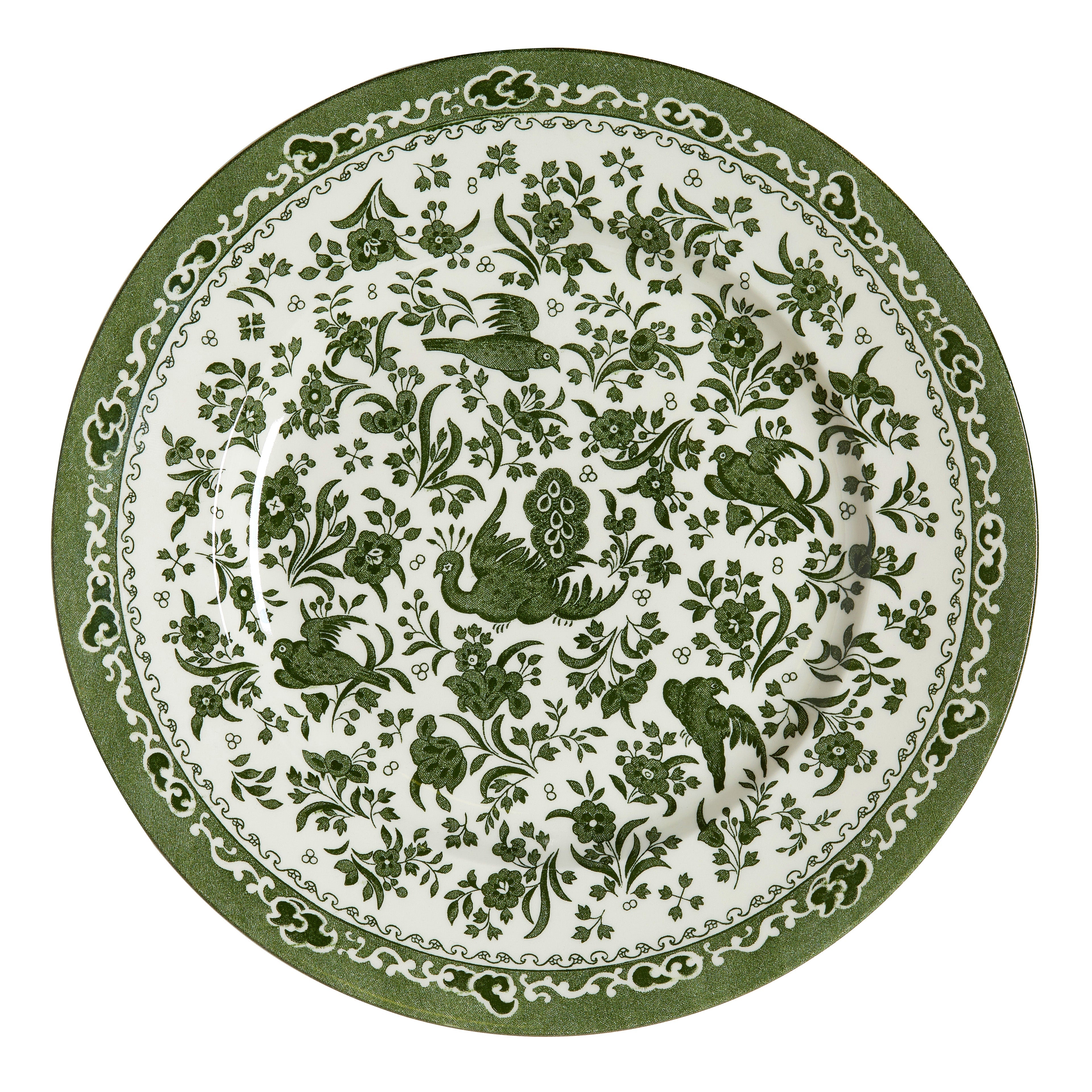 A table setting with a green and white place setting that features Burleigh&