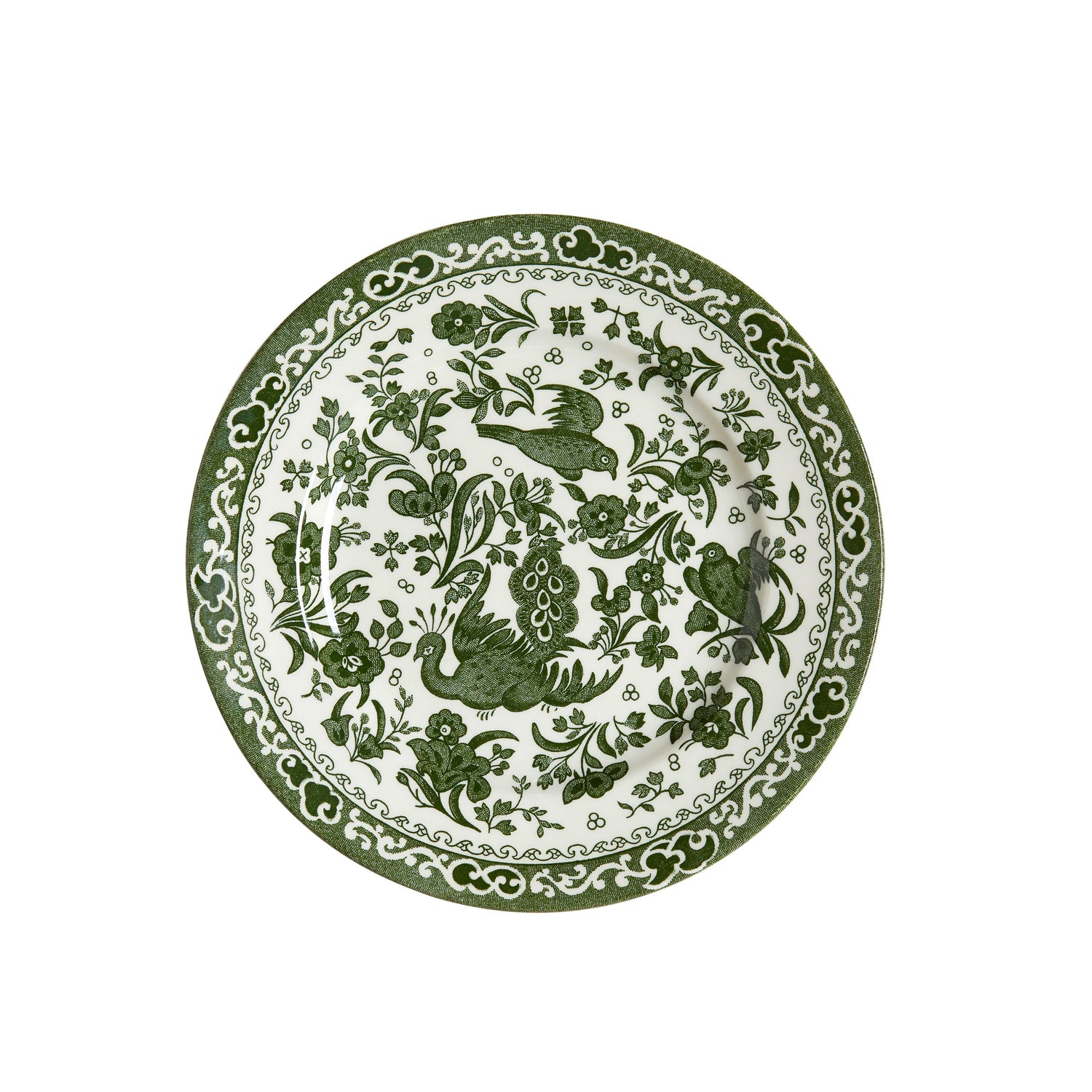 A table setting with a green and white place setting that features Burleigh&