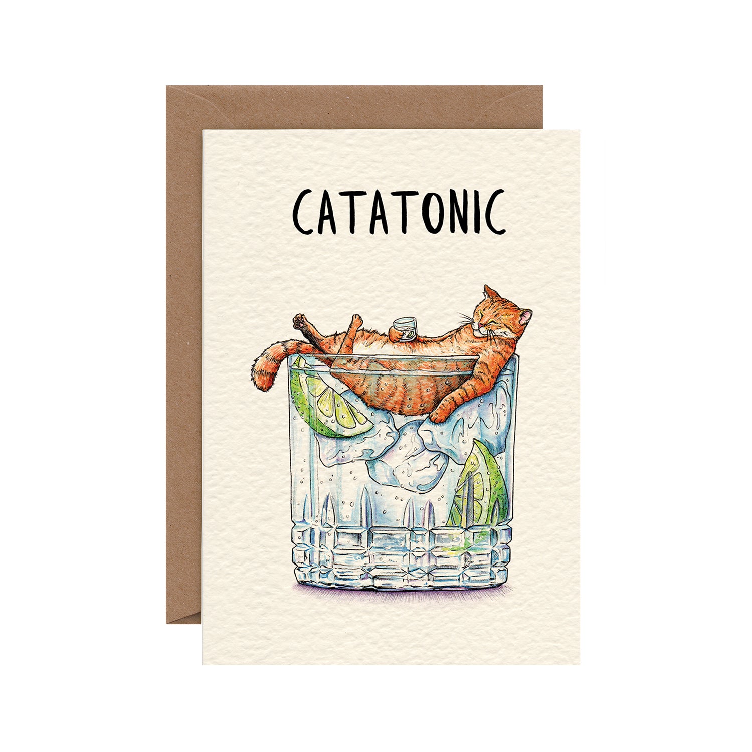 A Catatonic Card from Hester &amp; Cook, a cat-themed greeting card for gin lovers, featuring an adorable illustration of a cat resting on the ice of a cocktail.