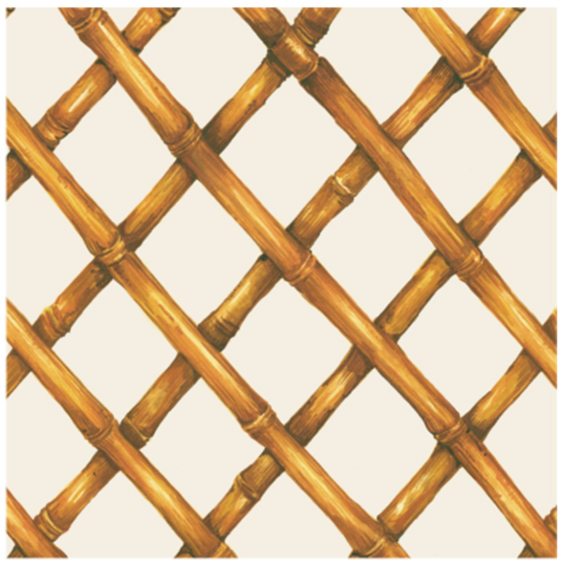 A diagonal woven bamboo pattern in tan on a white background, on a square cocktail napkin.