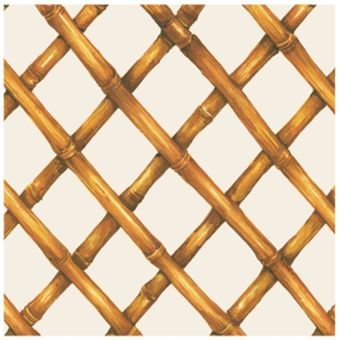 A diagonal woven bamboo pattern in tan on a white background, on a square cocktail napkin.