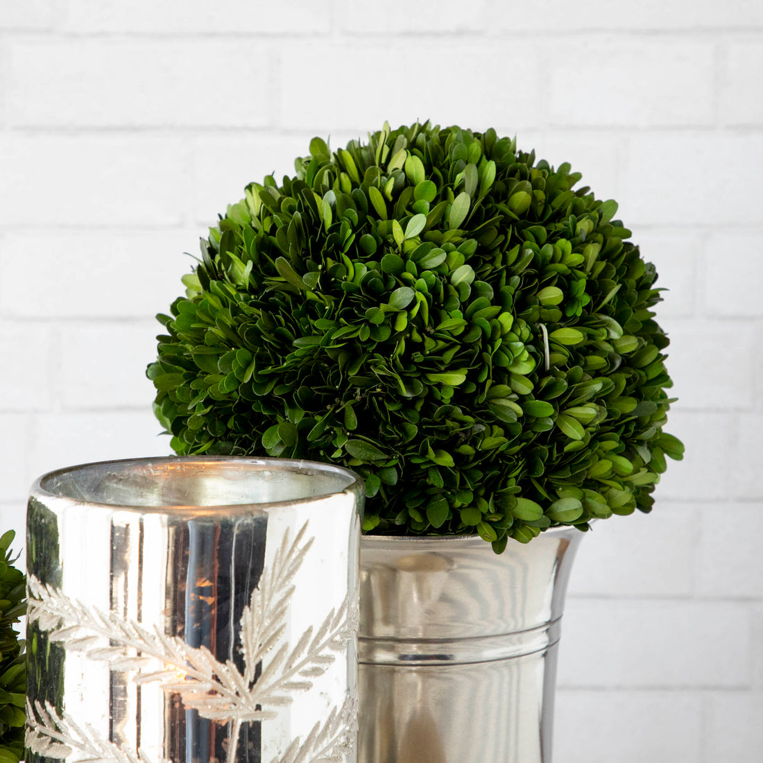A lush green Mills Floral Company preserved boxwood balls topiary in a pot beside a decorative silver candle holder with a white brick background.