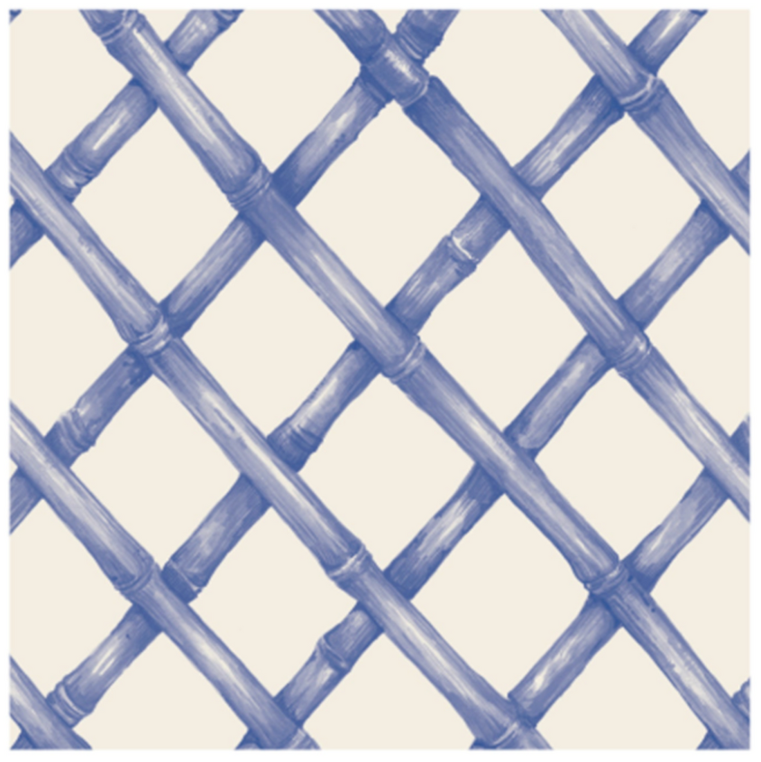 A diagonal woven bamboo pattern in monochrome blue on a white background, on a square cocktail napkin.