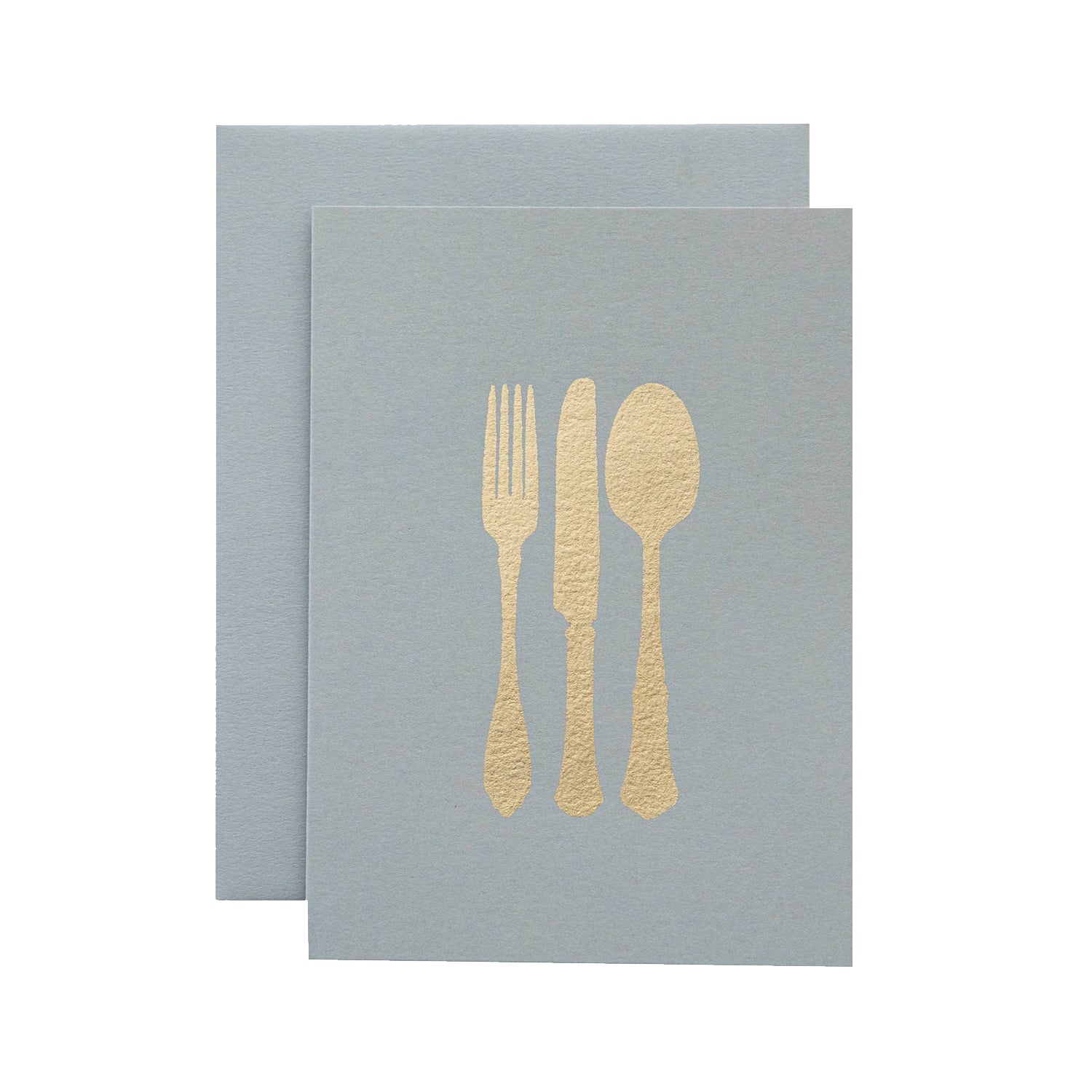 A light gray card with the silhouette of a fork, knife and spoon in solid gold leaf.