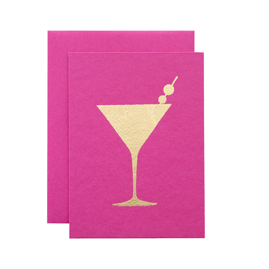 A pink card featuring the silhouette of a martini glass with an olive garnish in solid gold leaf.