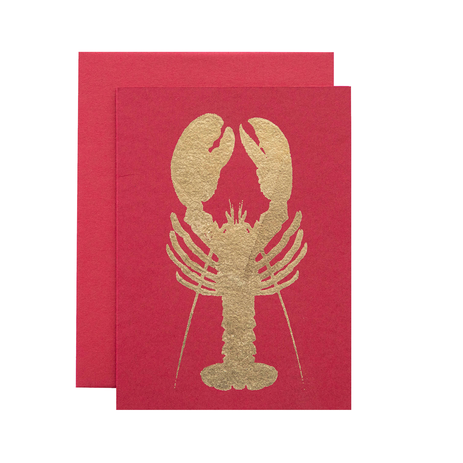 A red card featuring the silhouette of a lobster in solid gold leaf.