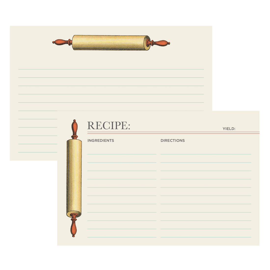 Both sides of a lined recipe card with space for ingredients and directions on the front, with more lined space on the back. The front of the card is adorned with an illustrated rolling pin along the left edge, and the back features an illustrated rolling pin along the top edge.