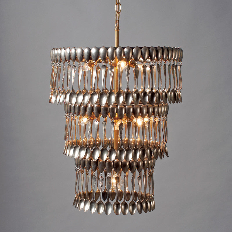 A handcrafted Triple Tier Spoondelier made by Hester &amp; Cook hanging from a chain.