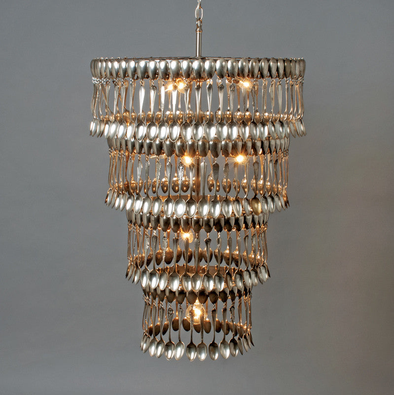 A vintage Quad Tier Spoondelier made out of silver spoons by Hester & Cook.