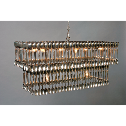 Double Tier Rectangular Spoondelier with multiple reflective pendants against a gray background by Hester &amp; Cook.