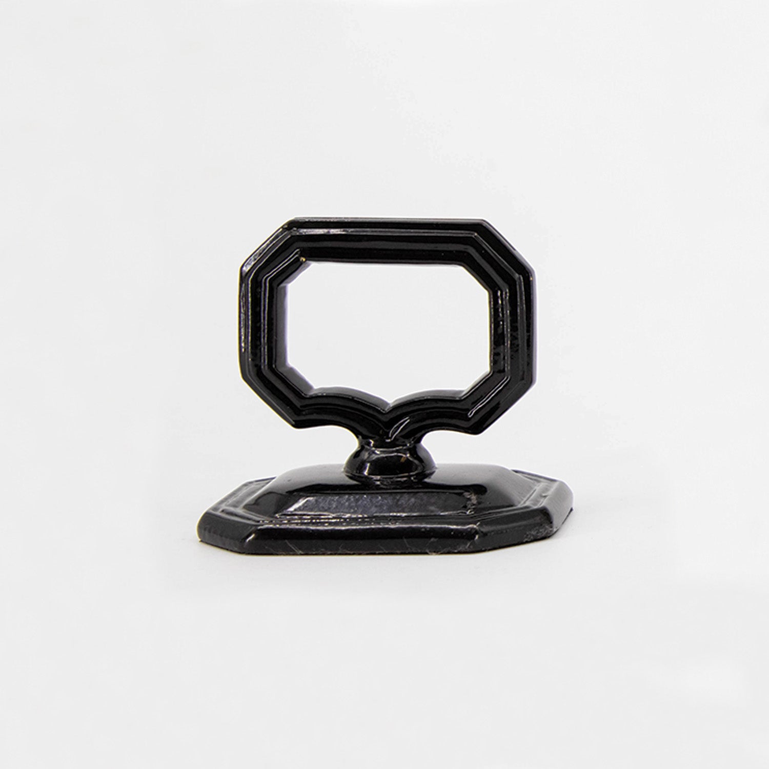 A black vintage-style Napkin Ring with Place Card Holder on a white background.