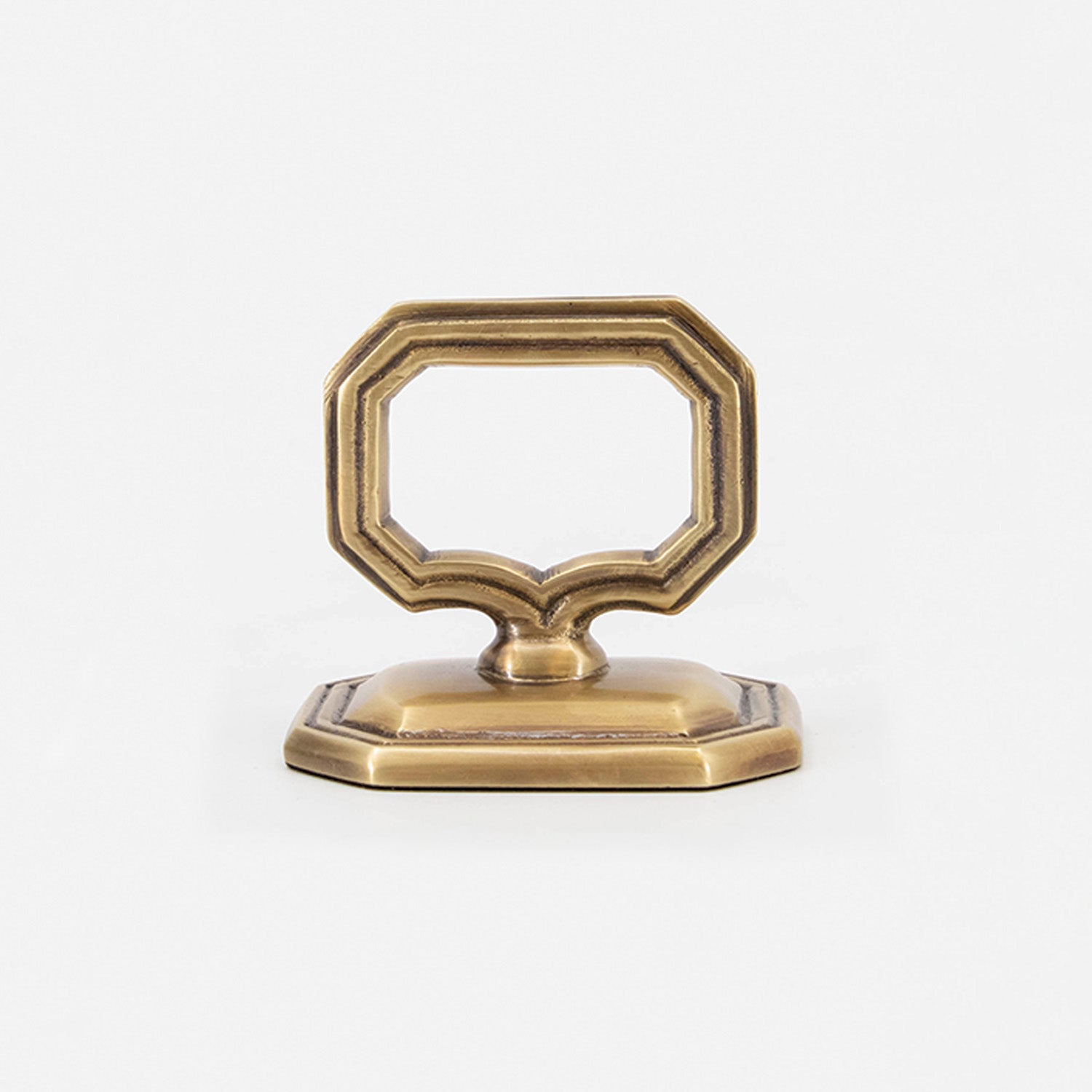 A brass vintage-style Napkin Ring with Place Card Holder on a white background.