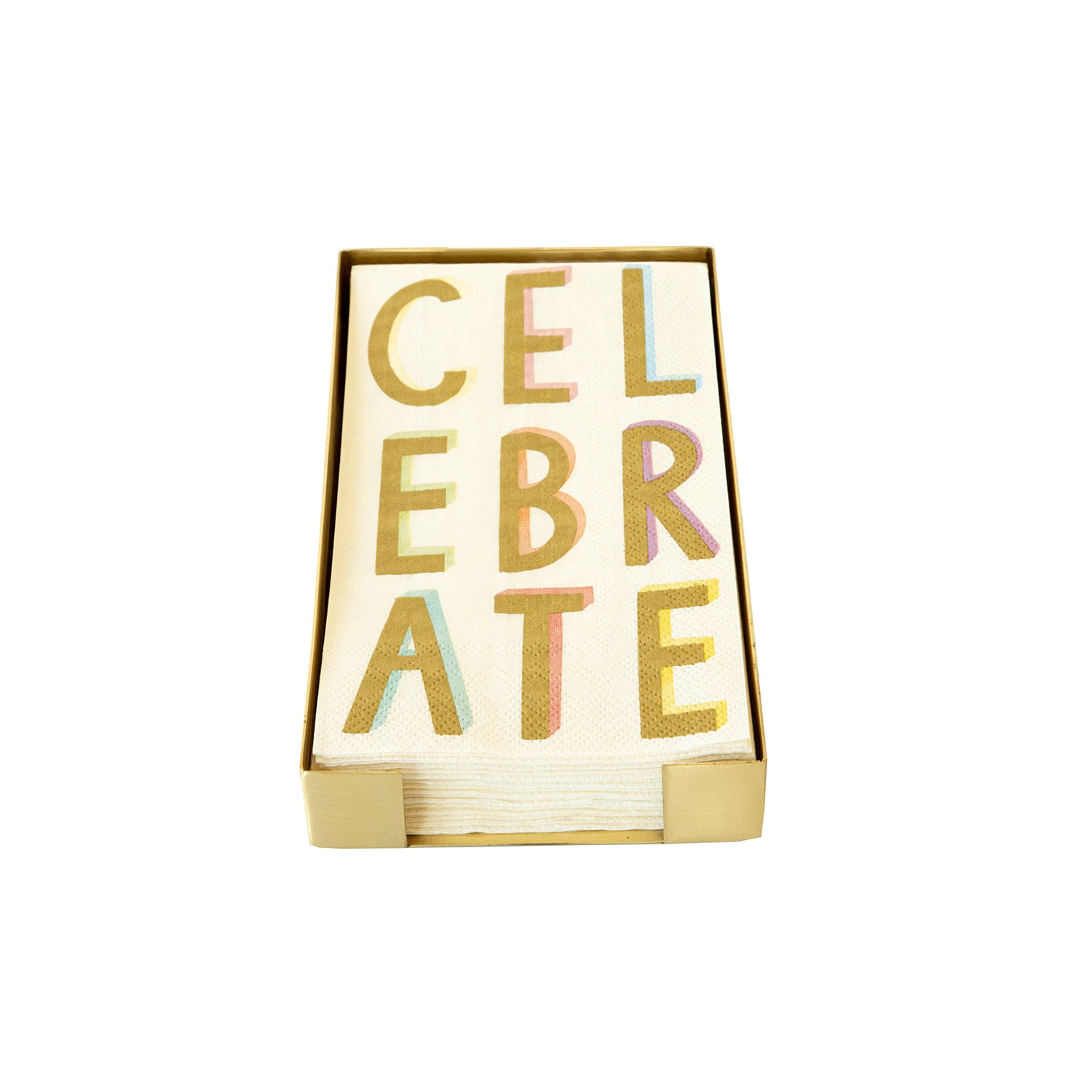 A Brass Guest Napkin Holder containing "CELEBRATE" napkins on a white table.