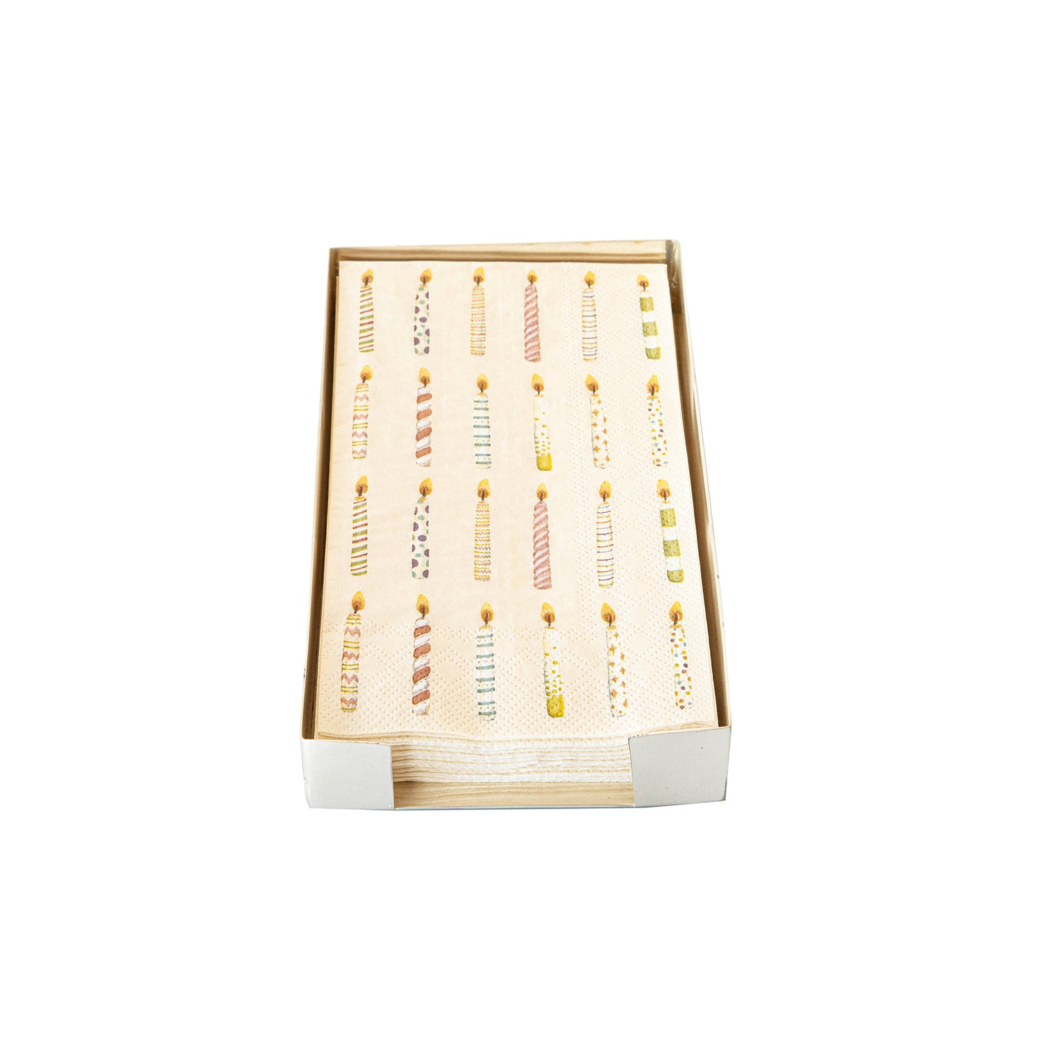 A Silver Guest Napkin Holder containing birthday candle napkins on a white table.