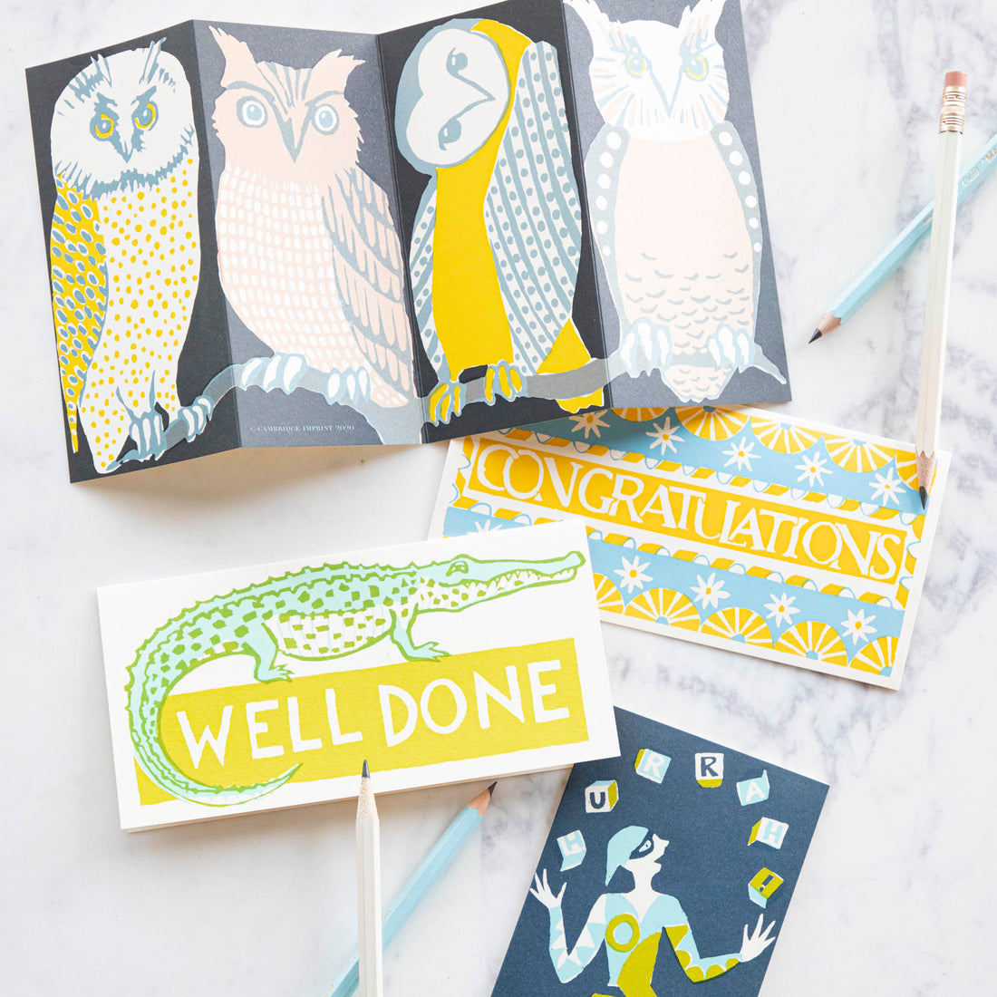 Four stylized owl illustrations on a Wise Old Birds Card by Cambridge Imprint for bird lovers.
