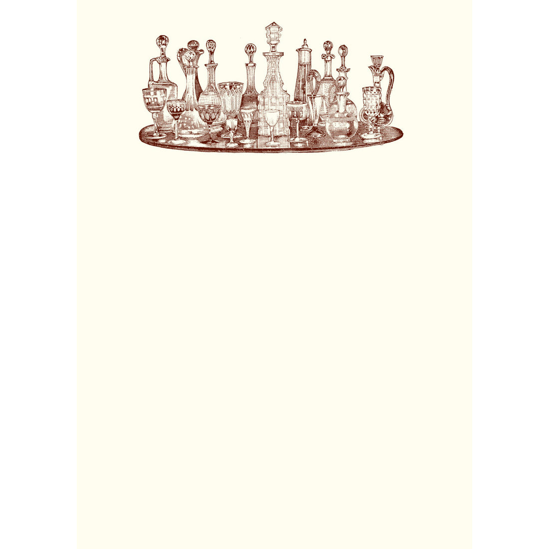 An illustration of a collection of various vintage bottles and glassware on a tray, created by Alexa Pulitzer for the Cocktails Anyone? Set of 10 Notecards.