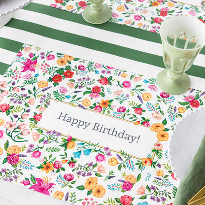 Close-up of the Sweet garden Personalized Placemat in an elegant table setting, with &quot;Happy 16th Birthday Amanda!&quot; printed in the center.