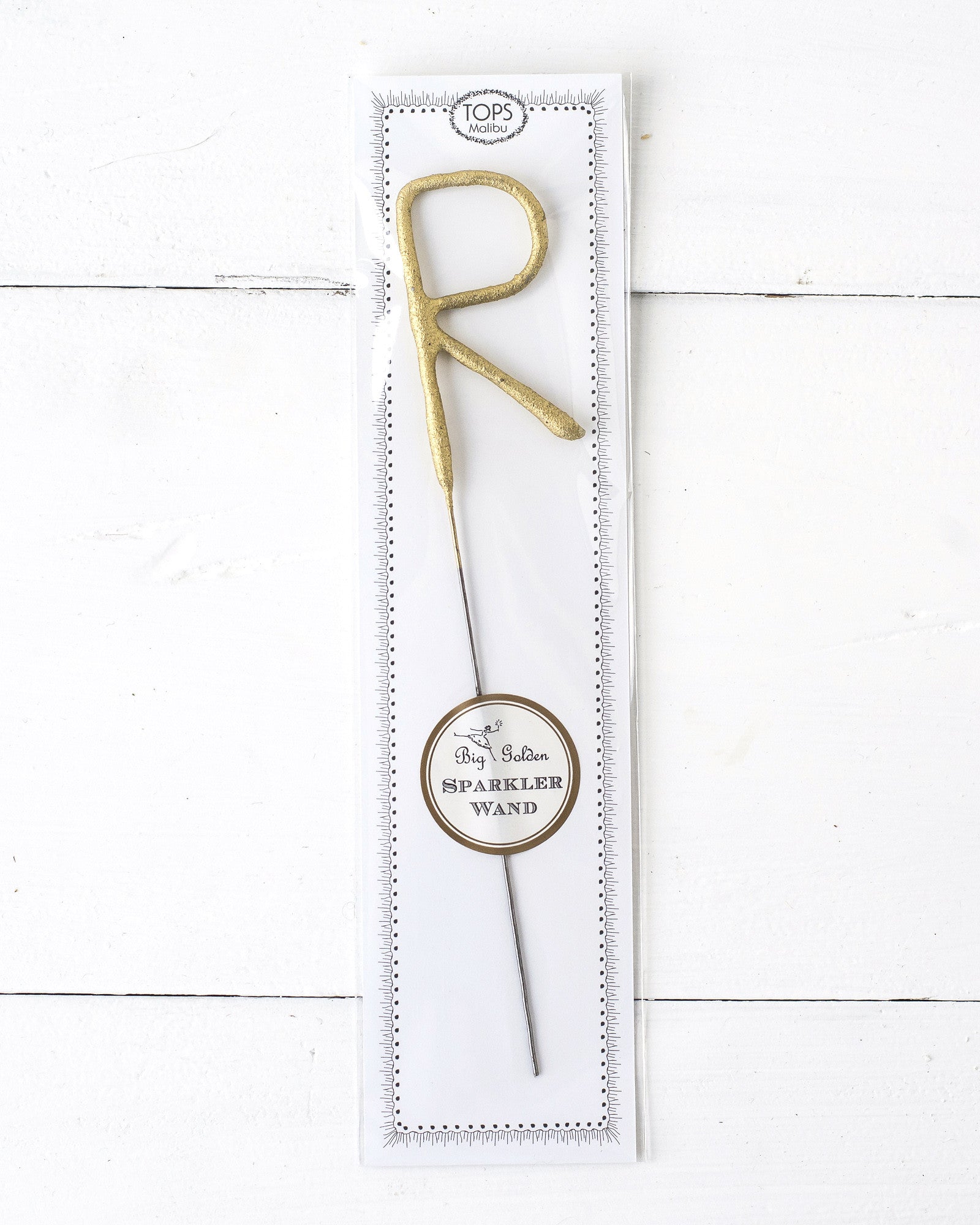 Tops Malibu gold Letter Sparkler "R" in package.