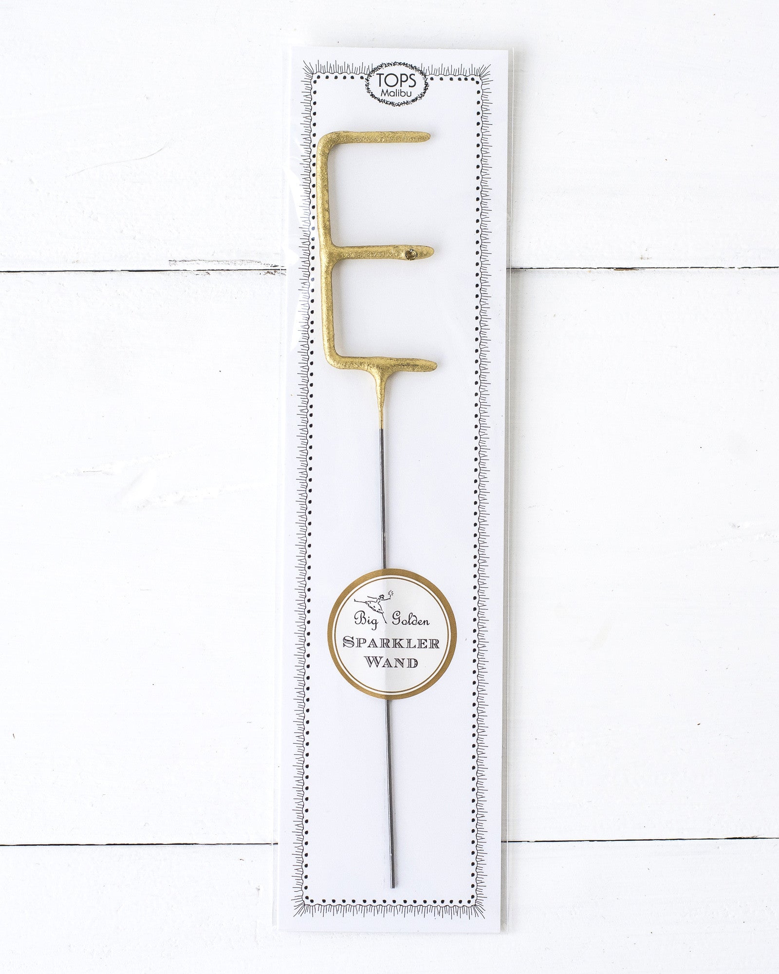 Tops Malibu gold Letter Sparkler "E" in package.