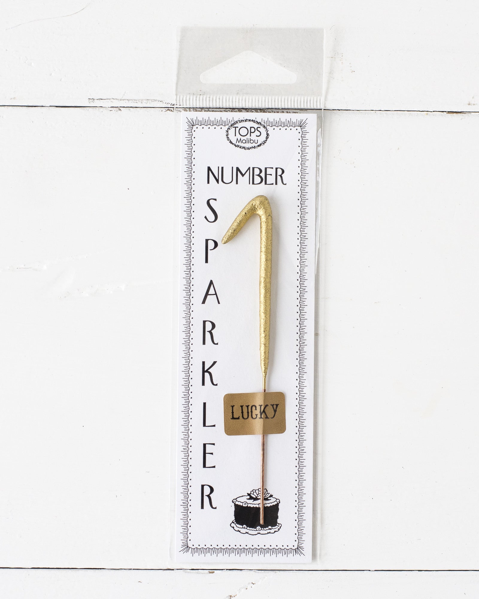 A 4" tall Gold Number Cake Topper Sparkler from Tops Malibu on a white background.
