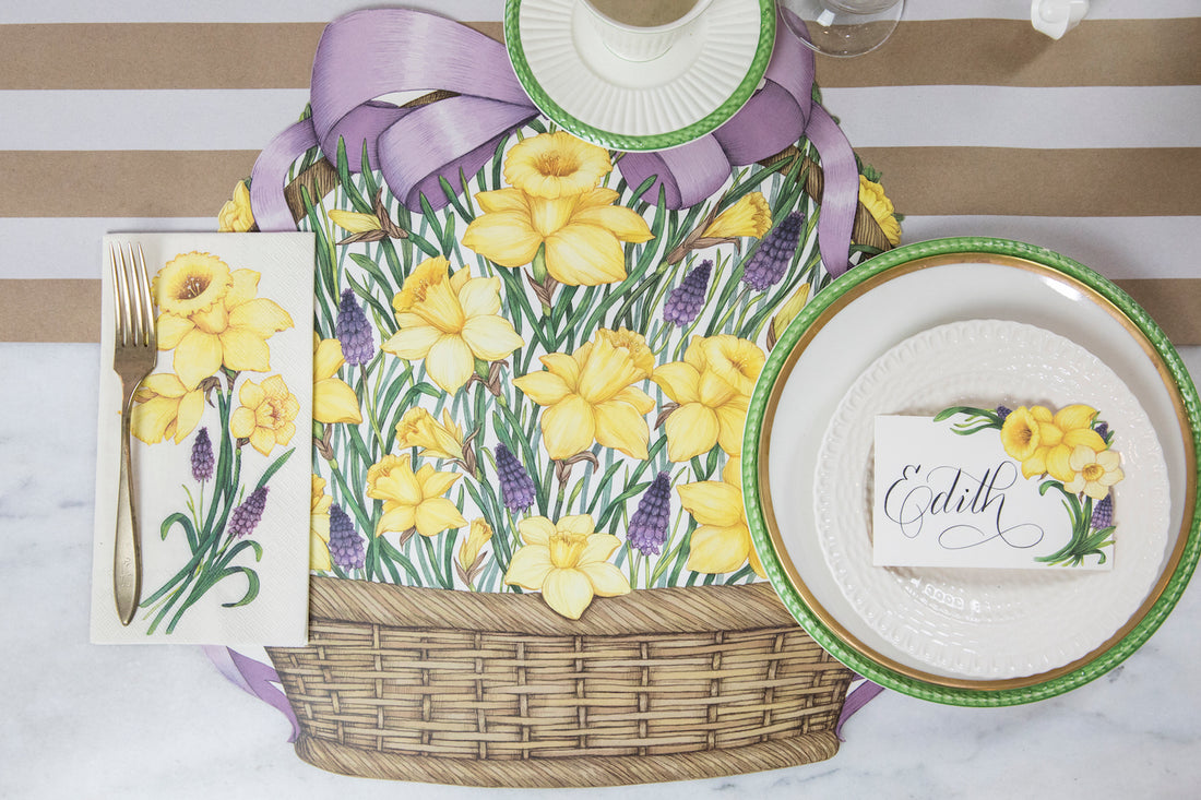 The Die-cut Daffodil Basket Placemat under an elegant Easter place setting, from above.
