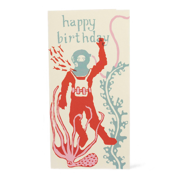 A Deep Sea Diver Birthday Card from Cambridge Imprint with an illustration of a deep sea diver and an octopus.
