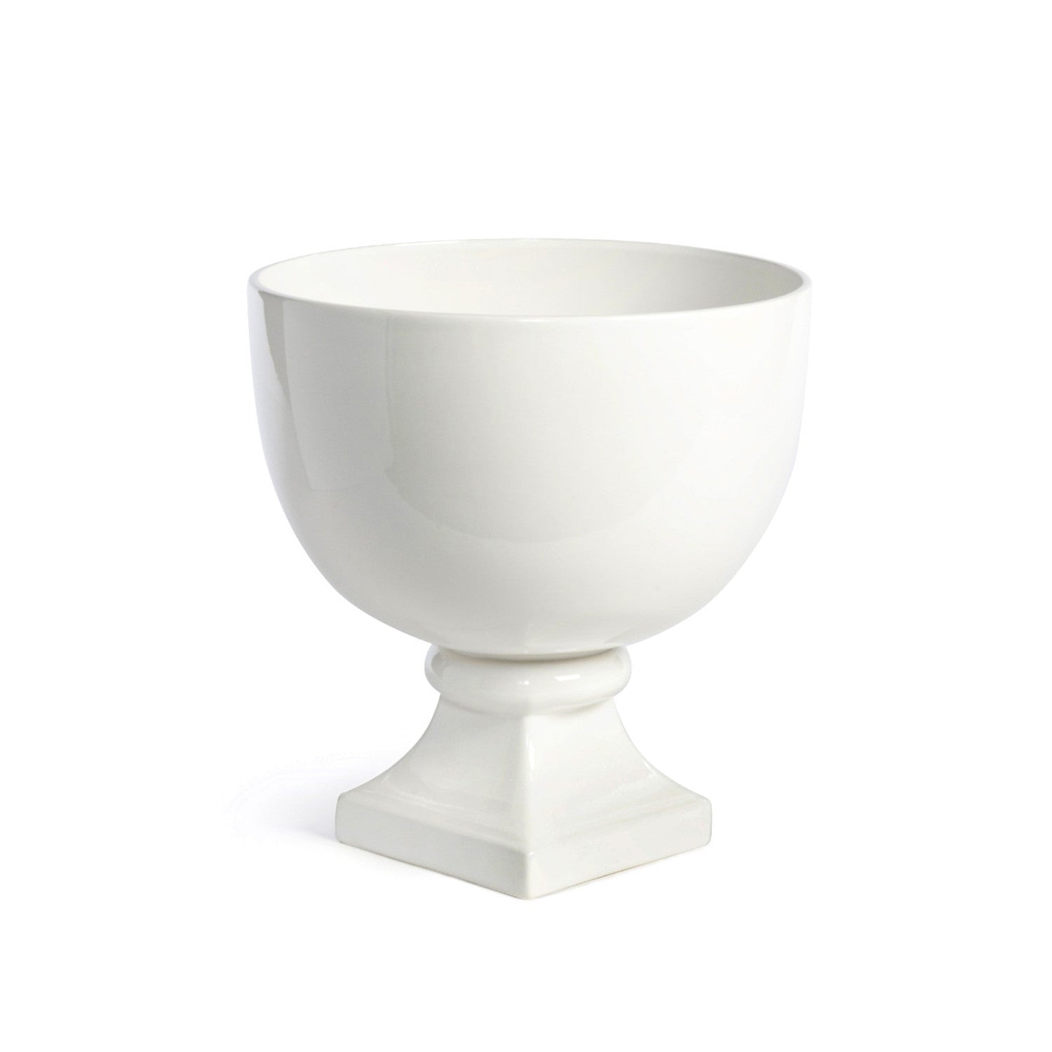 White European ceramic Pedestal Bowls from Park Hill, decorative centerpiece on pedestals, one filled with lemons and flowers, on a striped surface with wooden board.