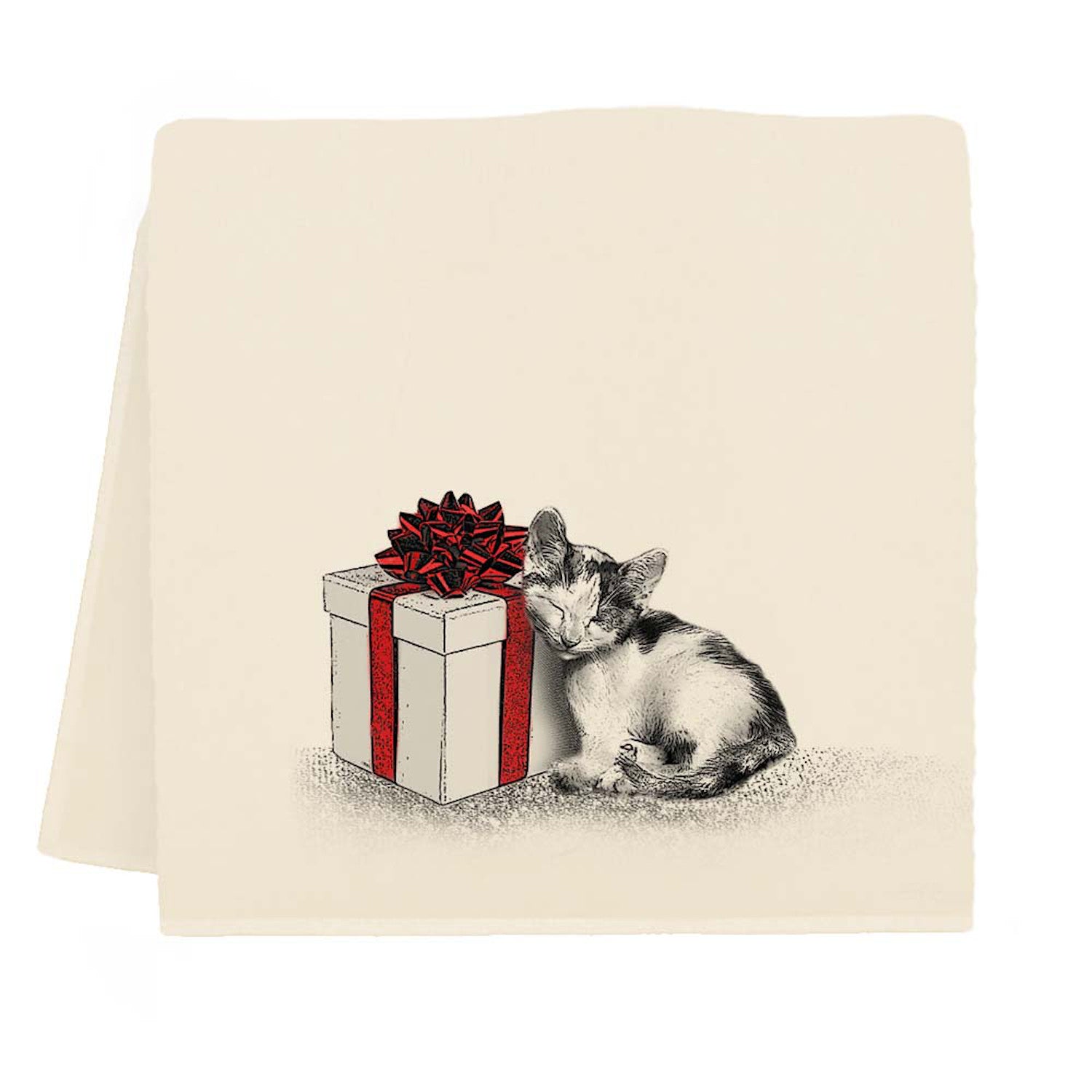 tea towel with image of a cat leaning against a wrapped gift