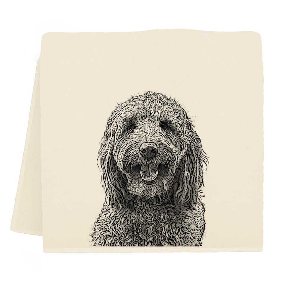 An Eric &amp; Christopher Labradoodle Tea Towel with a drawing of a dog on it.