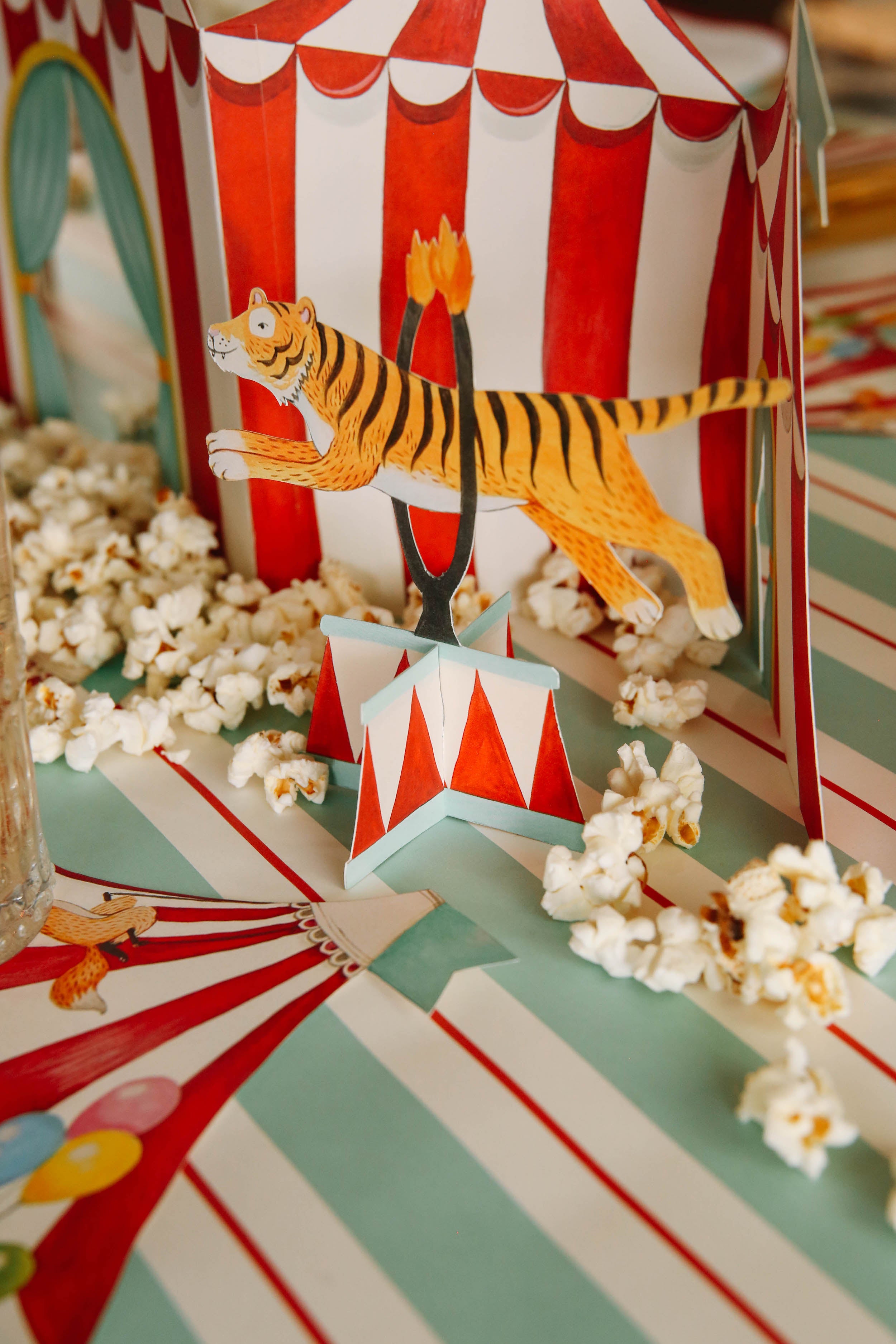 The Tiger Circus Trio Table Ornament on a circus-themed tablescape.