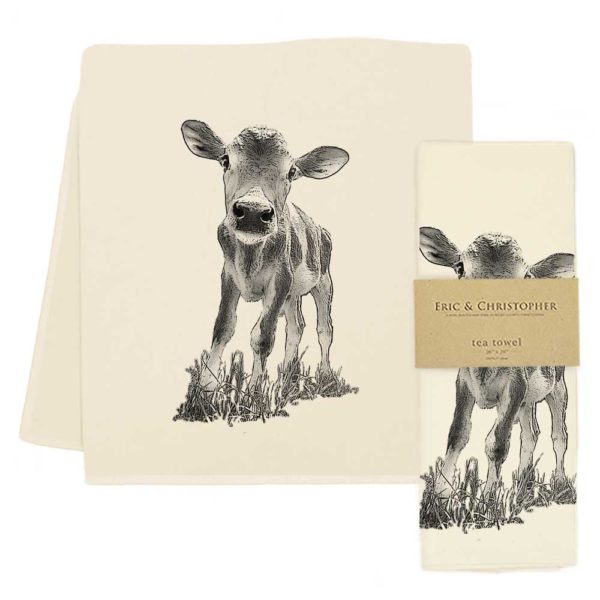 A black and white drawing of a cow on Eric &amp; Christopher Baby Cow &quot;Cowboy&quot; Tea Towels.